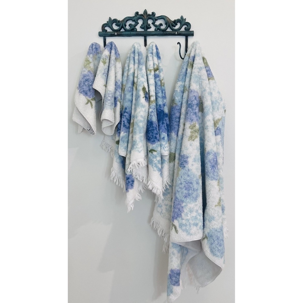 Vintage Fieldcrest Royal Velvet Floral 5 Pc Towel Set Blue Green Purple Made USA